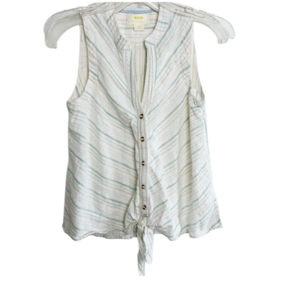 Anthropologie Maeve Blue Stripe Button/Tie Front Sleeveless Top Sz 0/XS Beachy
